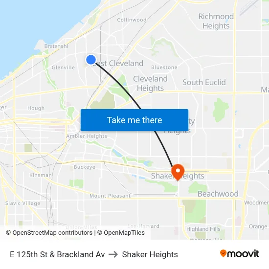 E 125th St & Brackland Av to Shaker Heights map