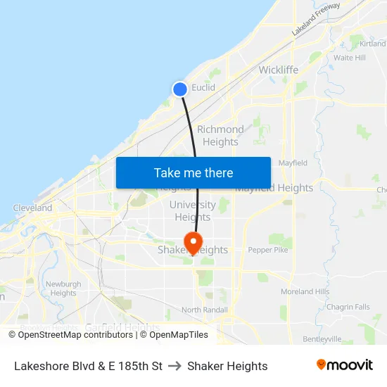 Lakeshore Blvd & E 185th St to Shaker Heights map