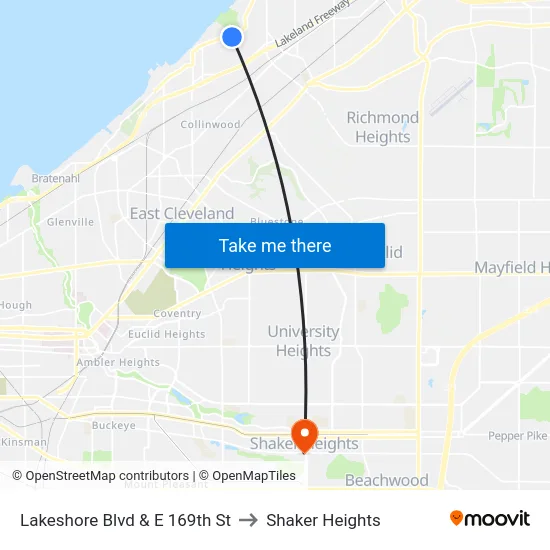Lakeshore Blvd & E 169th St to Shaker Heights map