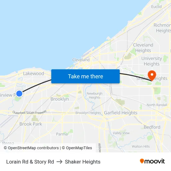 Lorain Rd & Story Rd to Shaker Heights map