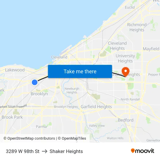 3289 W 98th St to Shaker Heights map