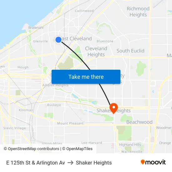 E 125th St & Arlington Av to Shaker Heights map