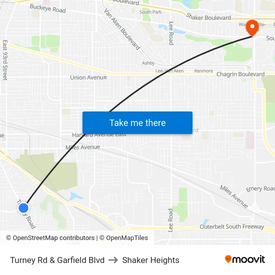 Turney Rd & Garfield Blvd to Shaker Heights map