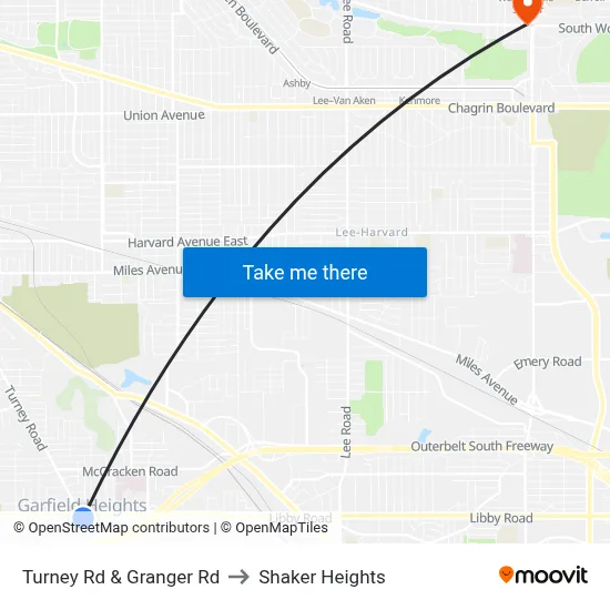 Turney Rd & Granger Rd to Shaker Heights map