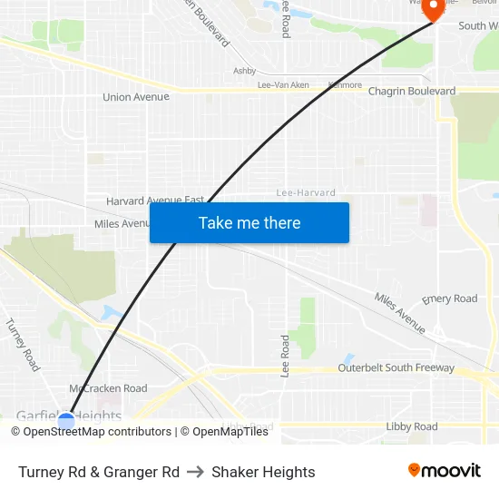 Turney Rd & Granger Rd to Shaker Heights map