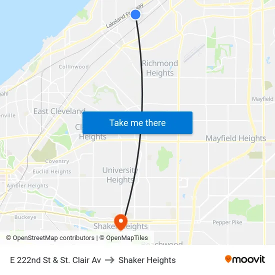 E 222nd St & St. Clair Av to Shaker Heights map