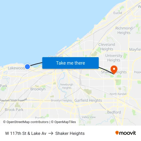 W 117th St & Lake Av to Shaker Heights map