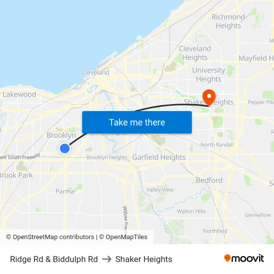 Ridge Rd & Biddulph Rd to Shaker Heights map