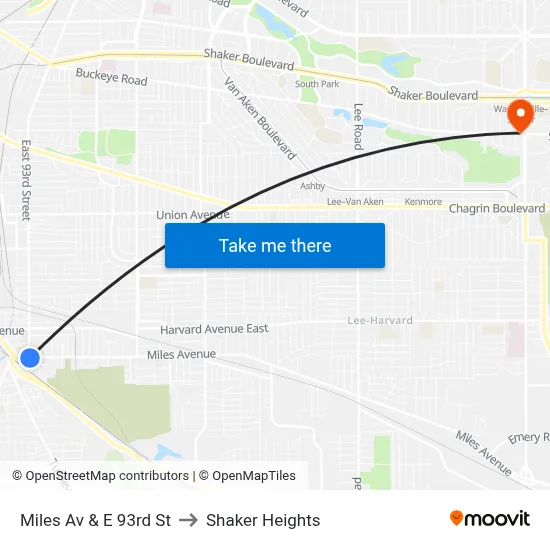 Miles Av & E 93rd St to Shaker Heights map