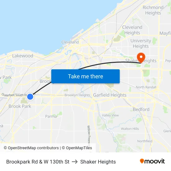 Brookpark Rd & W 130th St to Shaker Heights map