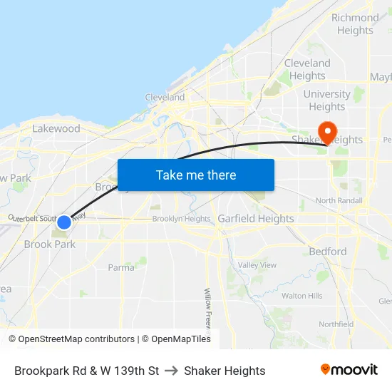 Brookpark Rd & W 139th St to Shaker Heights map