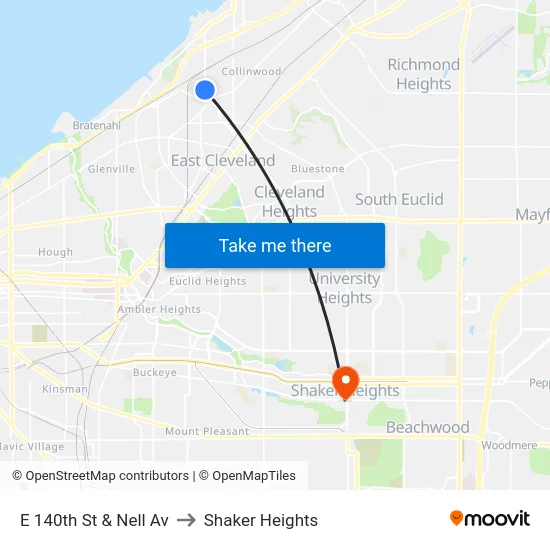 E 140th St & Nell Av to Shaker Heights map