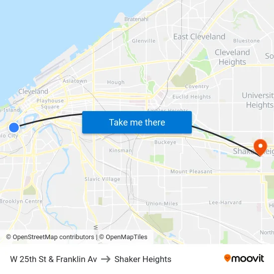W 25th St & Franklin Av to Shaker Heights map
