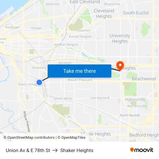 Union Av & E 78th St to Shaker Heights map