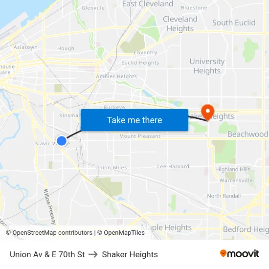 Union Av & E 70th St to Shaker Heights map