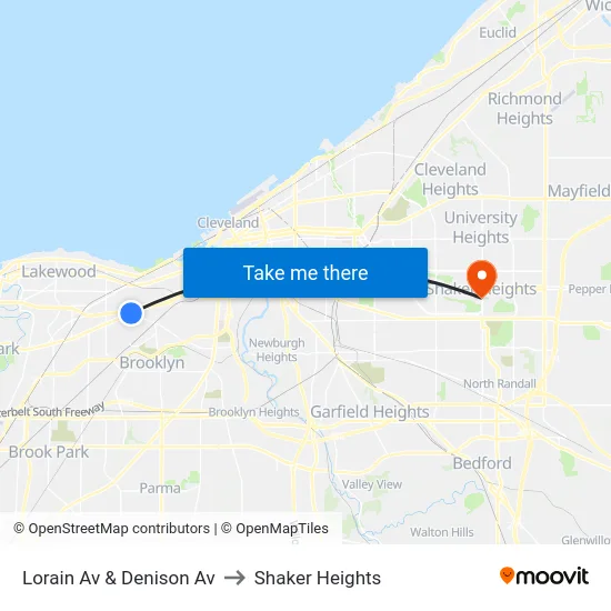 Lorain Av & Denison Av to Shaker Heights map