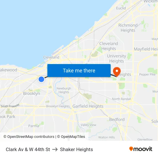 Clark Av & W 44th St to Shaker Heights map
