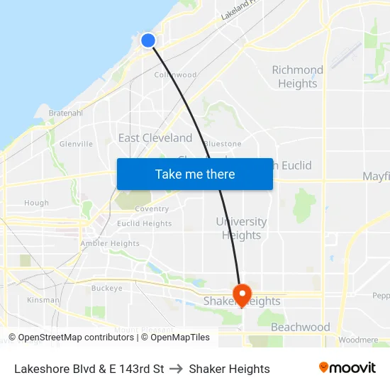 Lakeshore Blvd & E 143rd St to Shaker Heights map