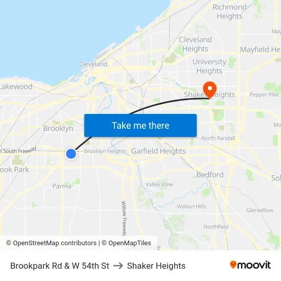 Brookpark Rd & W 54th St to Shaker Heights map