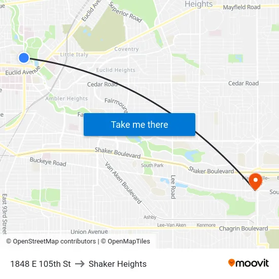 1848 E 105th St to Shaker Heights map