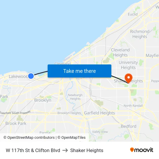 W 117th St & Clifton Blvd to Shaker Heights map