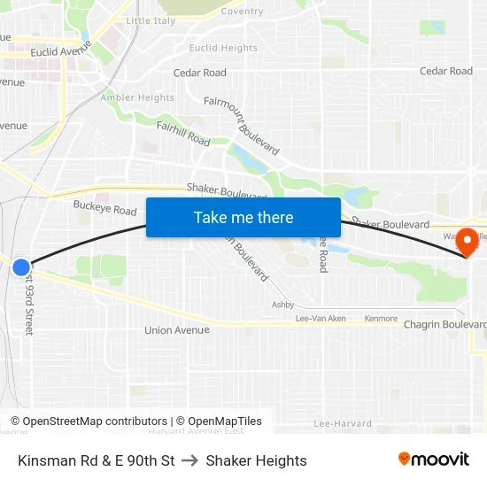 Kinsman Rd & E 90th St to Shaker Heights map