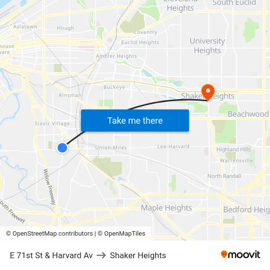 E 71st St & Harvard Av to Shaker Heights map