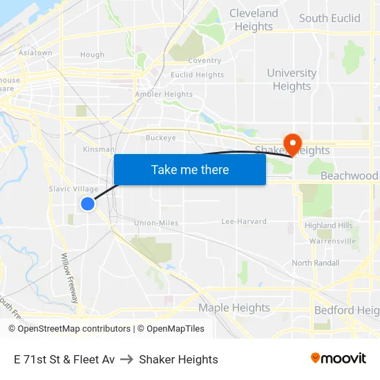 E 71st St & Fleet Av to Shaker Heights map