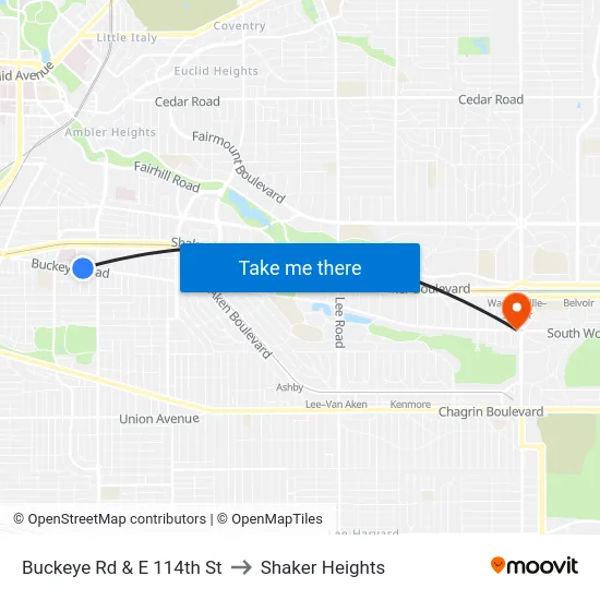 Buckeye Rd & E 114th St to Shaker Heights map