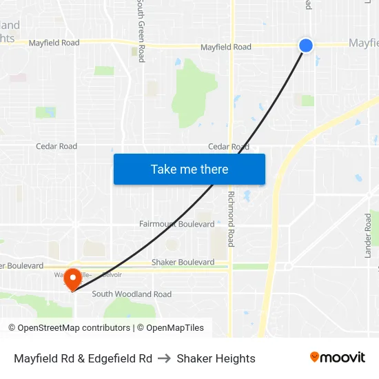 Mayfield Rd & Edgefield Rd to Shaker Heights map