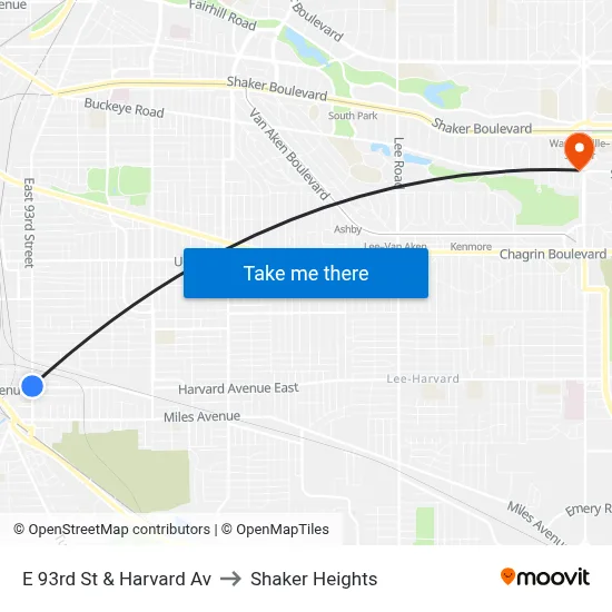E 93rd St & Harvard Av to Shaker Heights map