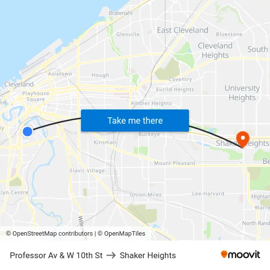 Professor Av & W 10th St to Shaker Heights map