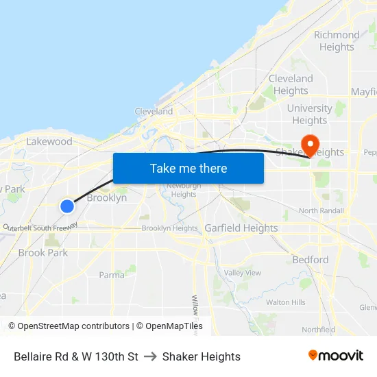 Bellaire Rd & W 130th St to Shaker Heights map