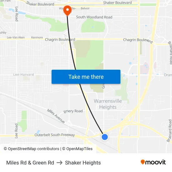 Miles Rd & Green Rd to Shaker Heights map