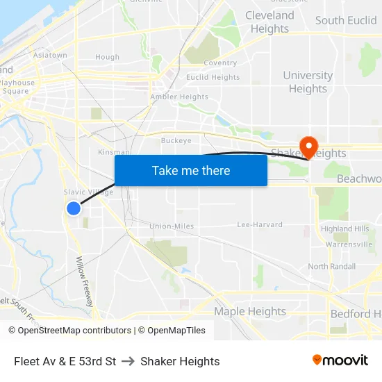 Fleet Av & E 53rd St to Shaker Heights map
