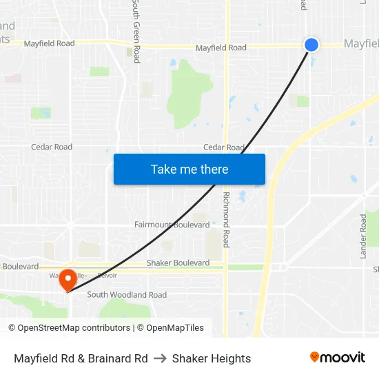 Mayfield Rd & Brainard Rd to Shaker Heights map