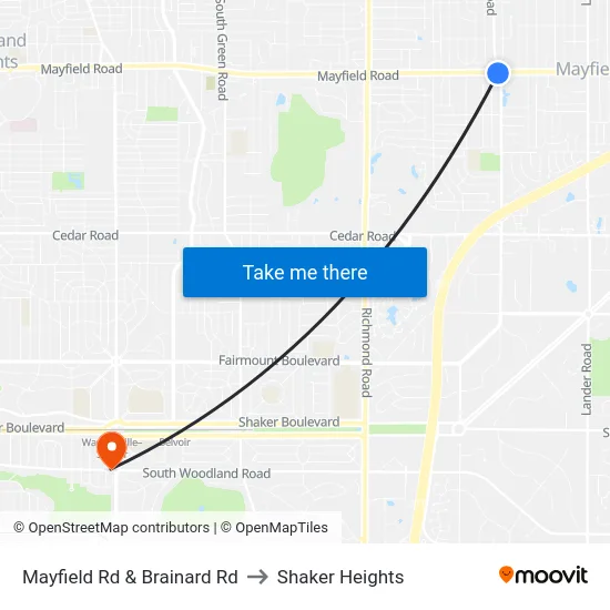 Mayfield Rd & Brainard Rd to Shaker Heights map