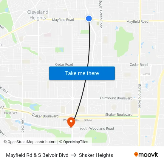 Mayfield Rd & S Belvoir Blvd to Shaker Heights map