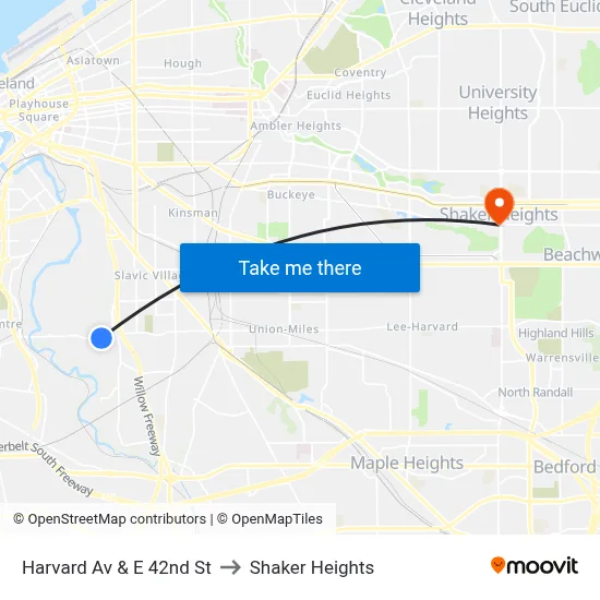 Harvard Av & E 42nd St to Shaker Heights map