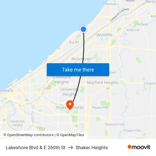 Lakeshore Blvd & E 260th St to Shaker Heights map