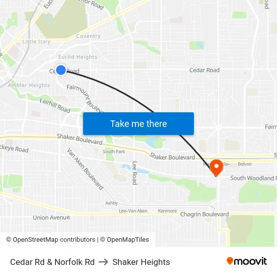 Cedar Rd & Norfolk Rd to Shaker Heights map