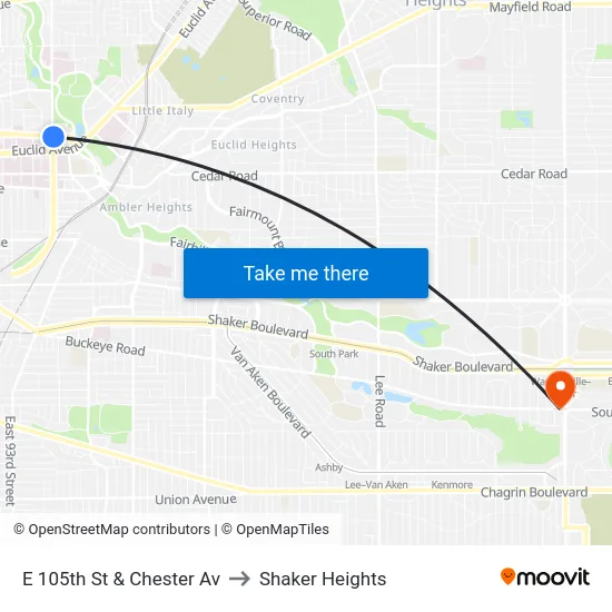 E 105th St & Chester Av to Shaker Heights map