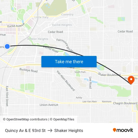 Quincy Av & E 93rd St to Shaker Heights map