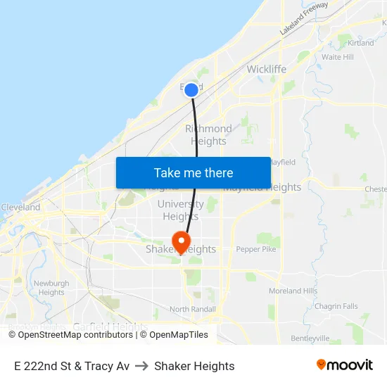 E 222nd St & Tracy Av to Shaker Heights map