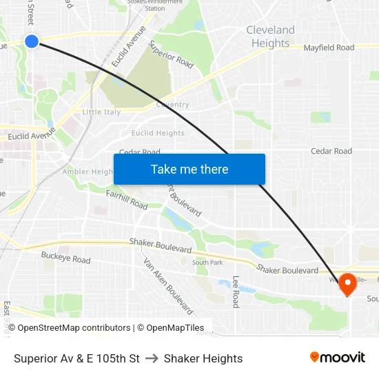 Superior Av & E 105th St to Shaker Heights map