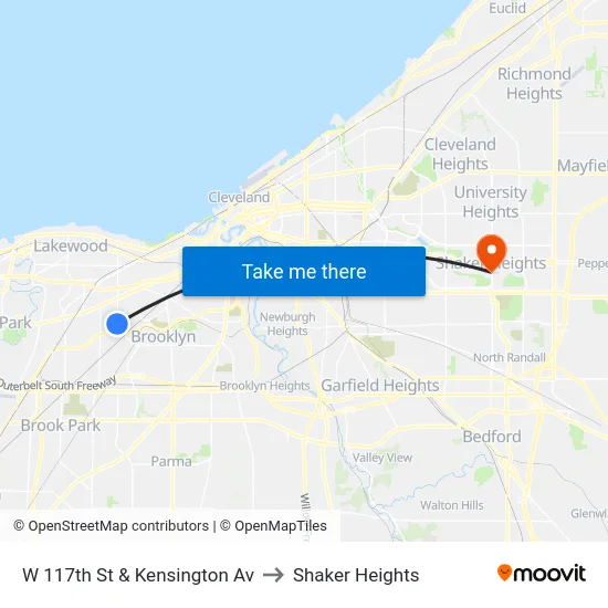 W 117th St & Kensington Av to Shaker Heights map