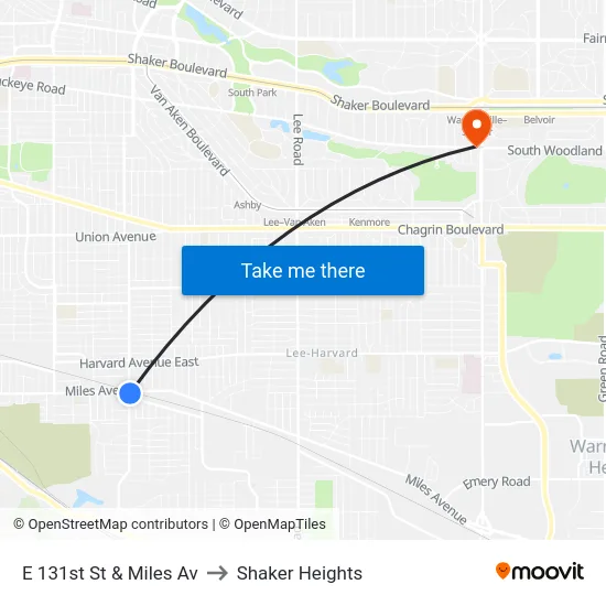 E 131st St & Miles Av to Shaker Heights map