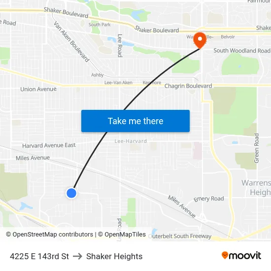 4225 E 143rd St to Shaker Heights map