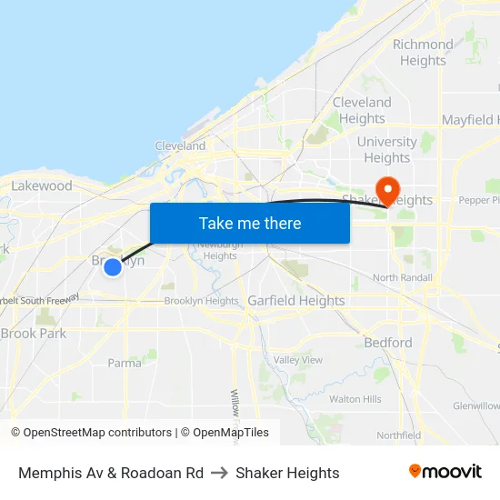 Memphis Av & Roadoan Rd to Shaker Heights map