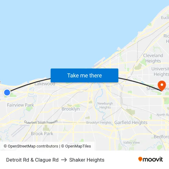 Detroit Rd & Clague Rd to Shaker Heights map